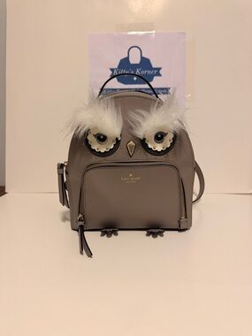Kate Spade New York Star Bright Owl Tomi backpack grey w/white faux-fur accents